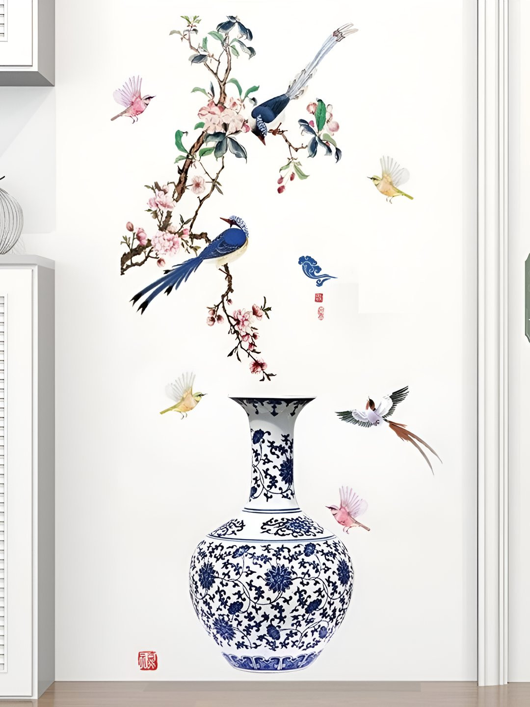 INDIAN ROYALS Blue & Brown Flower Pot Printed Self-Adhesive & Durable Wall Sticker