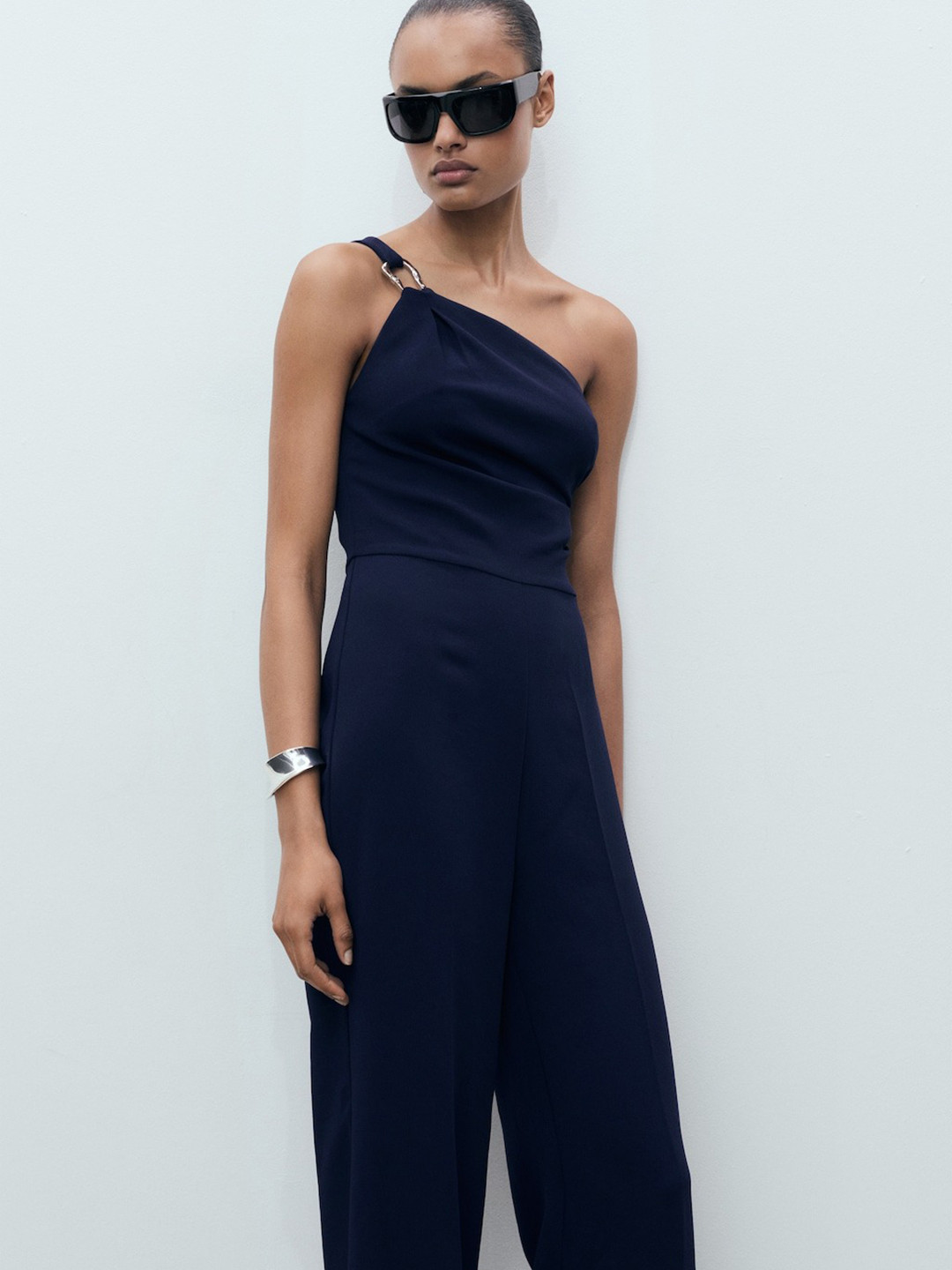 MANGO One-Shoulder Mettalic Clasp Detail Pleated Detail Basic Jumpsuit