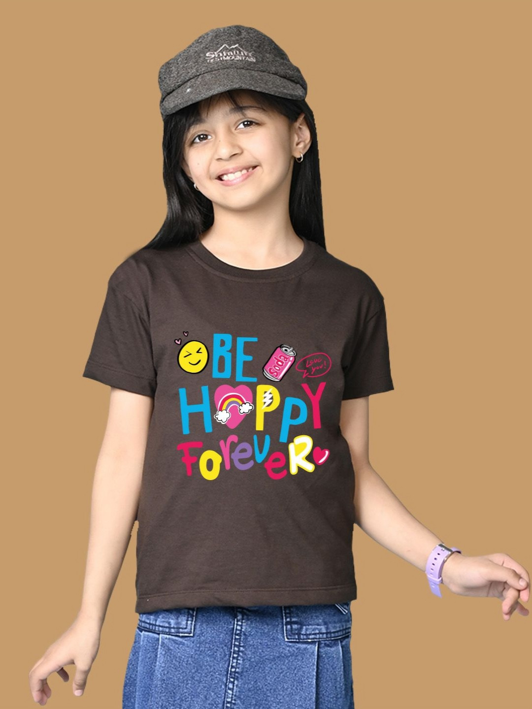 NUSYL Girls Be Happy Forever Printed Round Neck Short Sleeves Oversized T-shirt