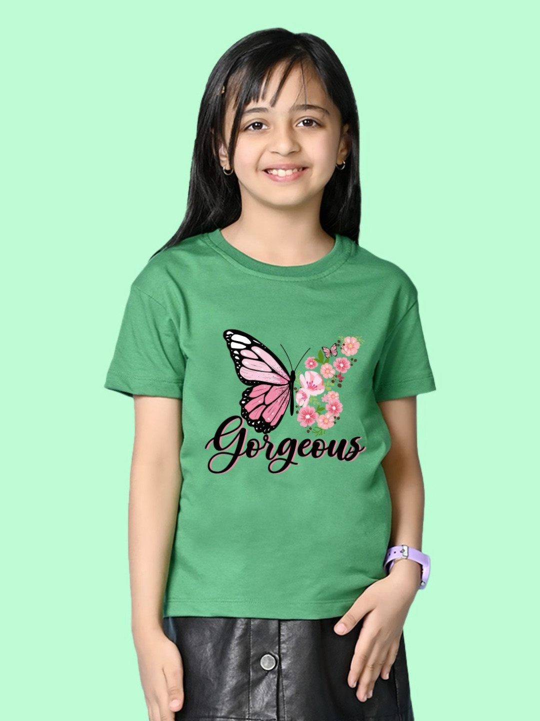 NUSYL Girls Butterfly & Gorgeous Printed Round Neck Short Sleeves Oversized T-shirt