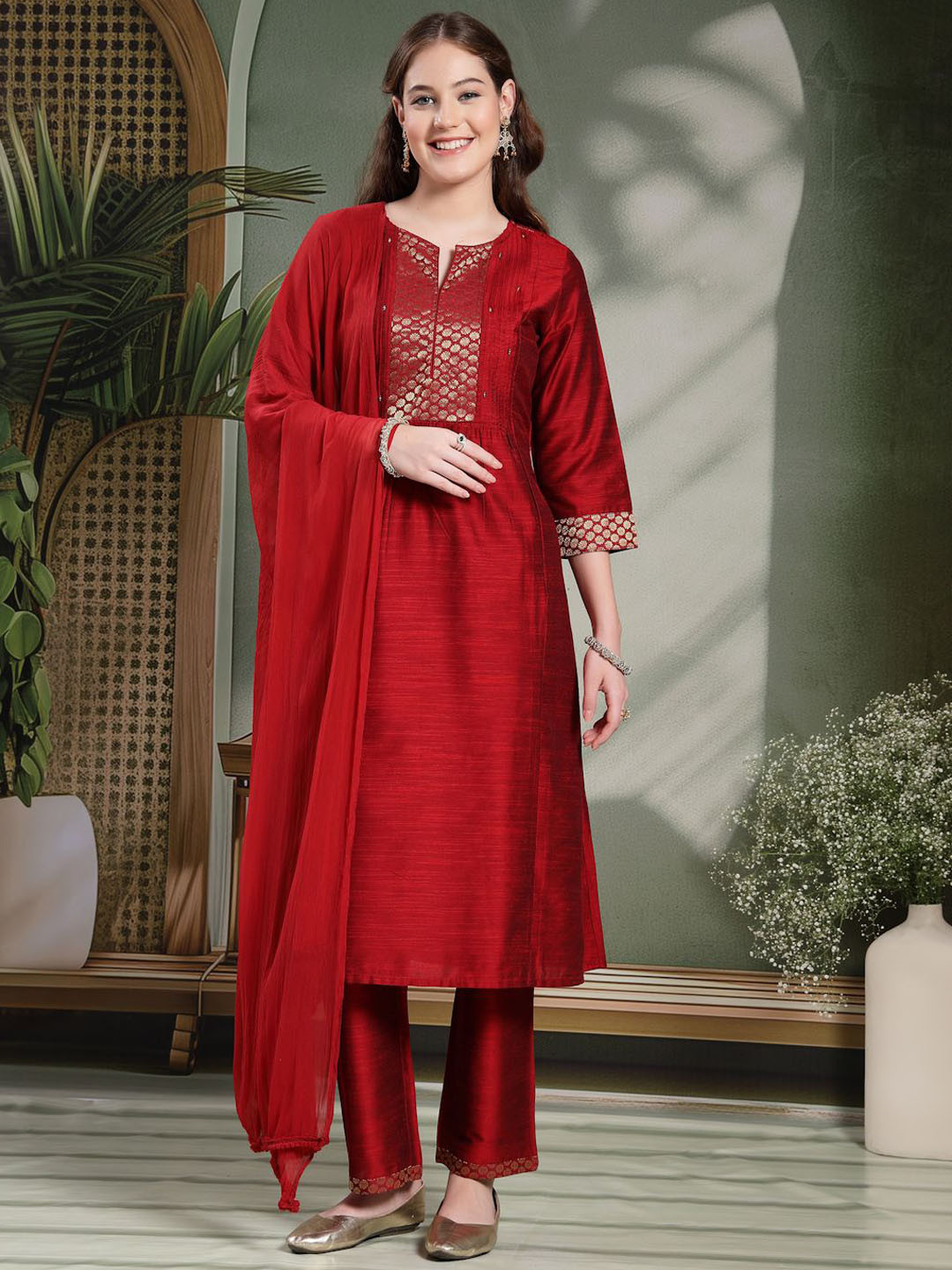 Nayam By Lakshita Women Solid A-line Silk Kurta Set With Dupatta