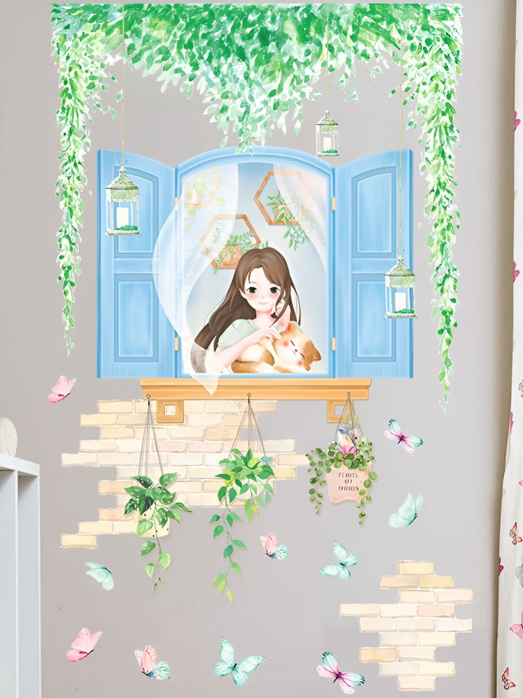 INDIAN ROYALS Blue & Green Cartoon Girls Printed Self-Adhesive & Durable Wall Sticker