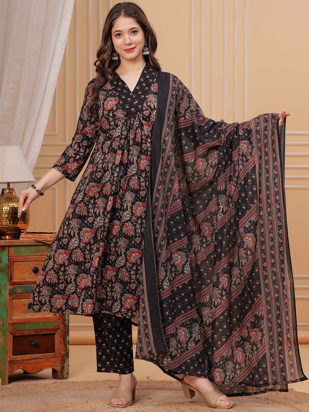Rangnavi Floral Printed V-Neck Pleated Pure Cotton A-Line Kurta With Trouser & Dupatta