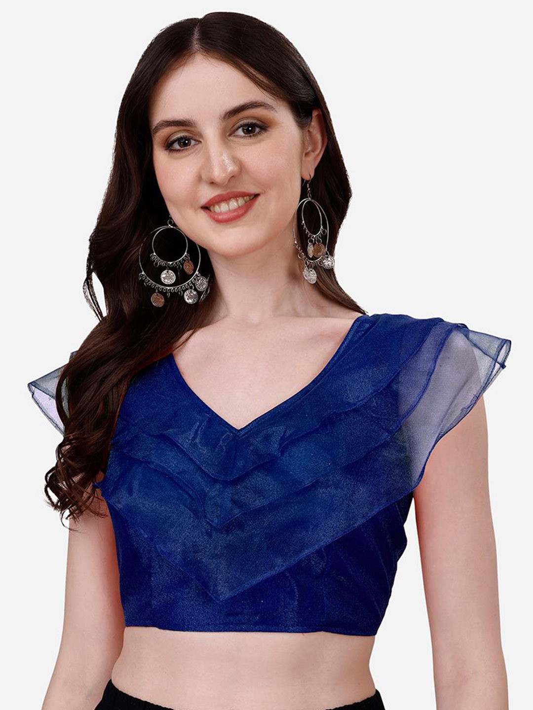 HERE&NOW Sequin Embroidered Ruffle Sleeve V-Neck Saree Blouse