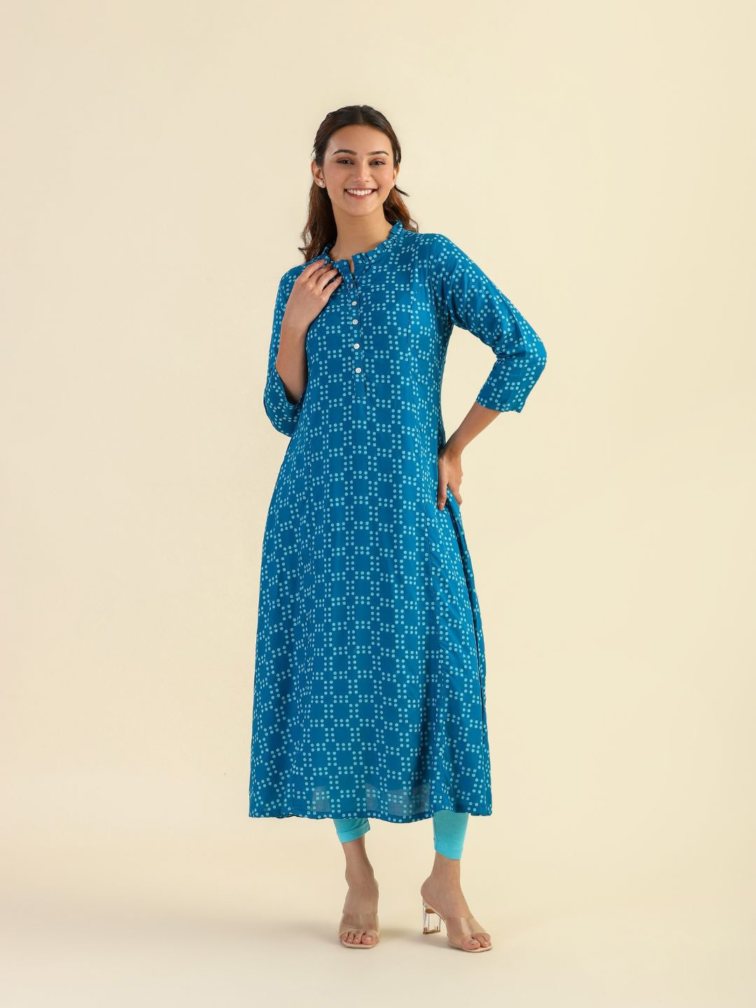 HAY Horizon Geometric Printed Mandarin Collar A-Line Kurta