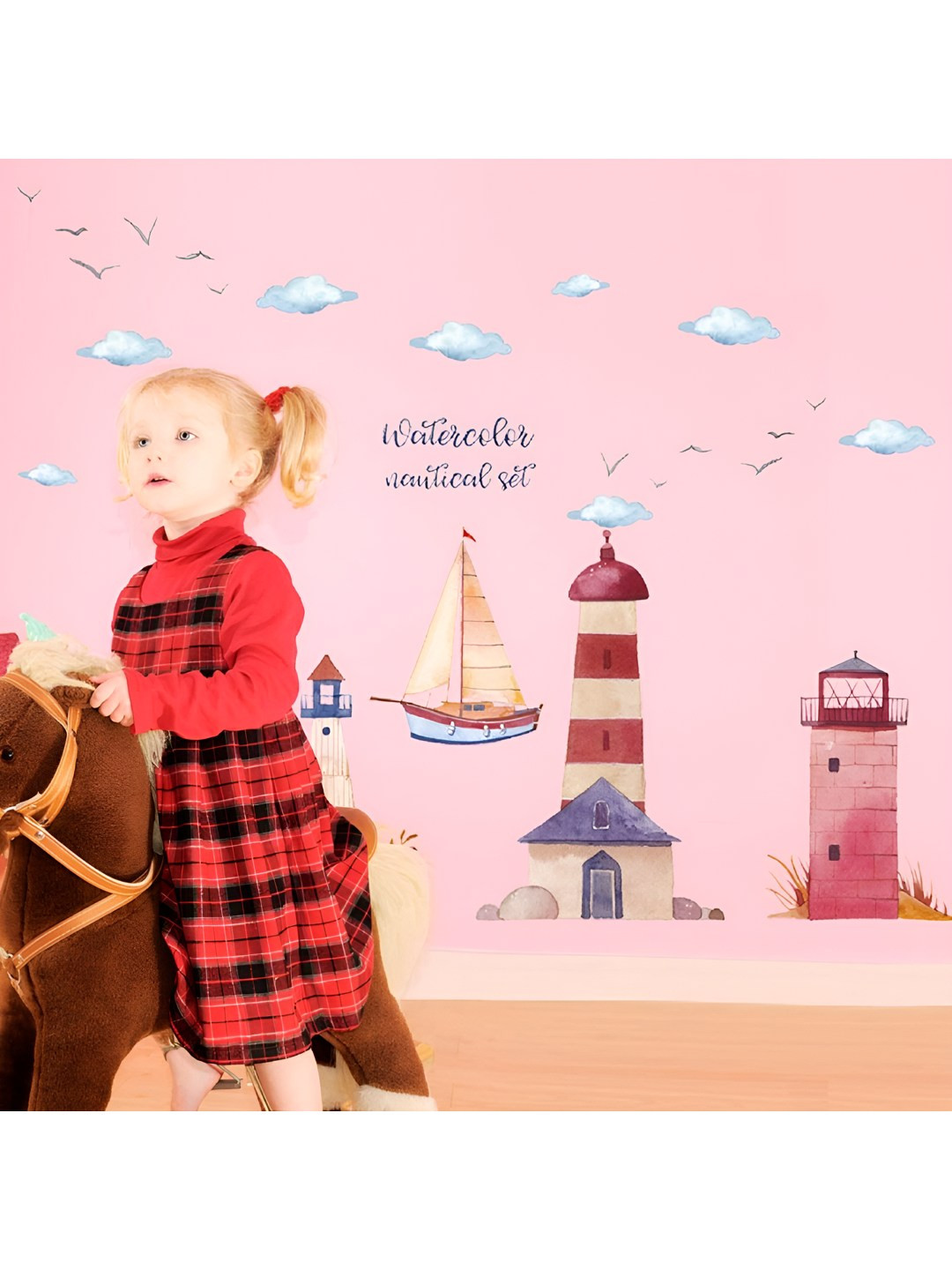 INDIAN ROYALS Blue & Red Clouds & Lighthouse Printed Self-Adhesive WallStickers
