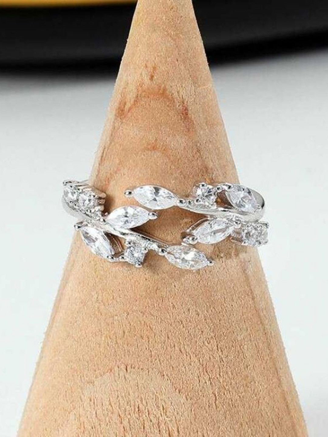 Bling Queen Silver Plated Cubic Zirconia Studded Olive Leaf Paved Open Ring