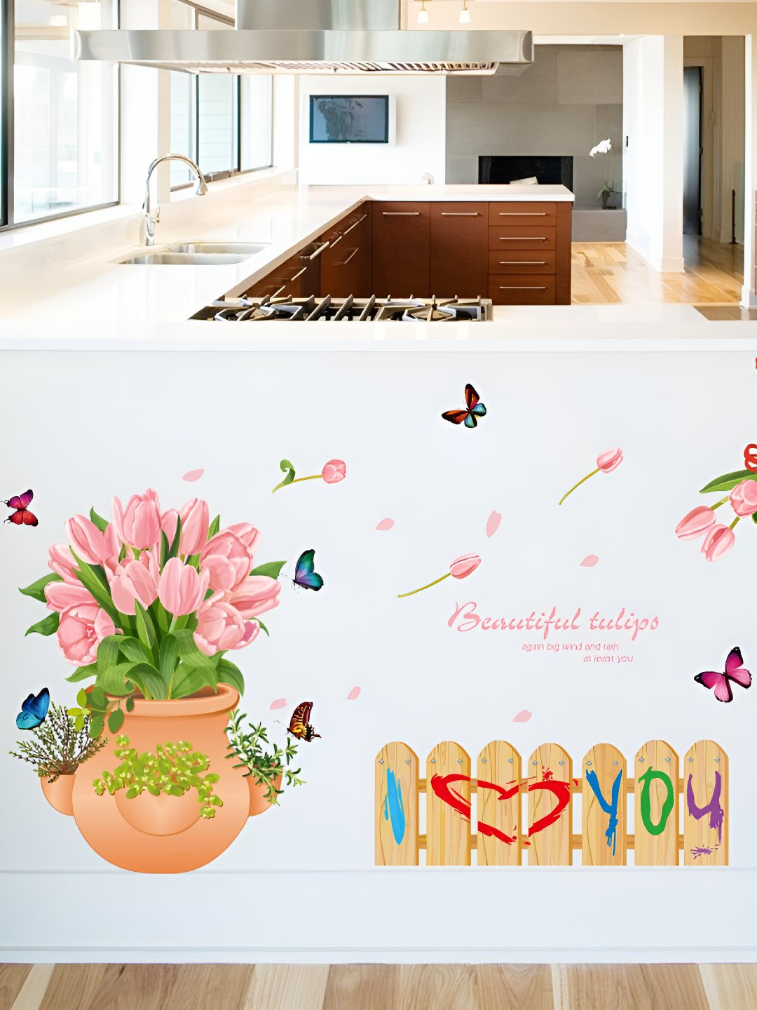 INDIAN ROYALS Pink & Green Tulip Fence With Butterfly Design Printed Wall Stickers