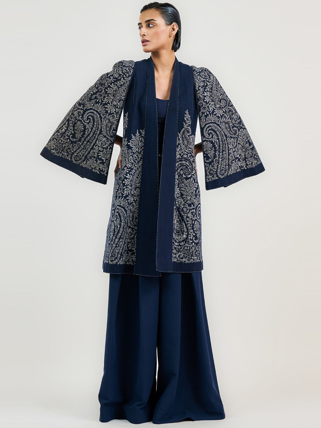 OTT Tarun Tahiliani Floral Embroidered Longline Cotton Open Front Jacket