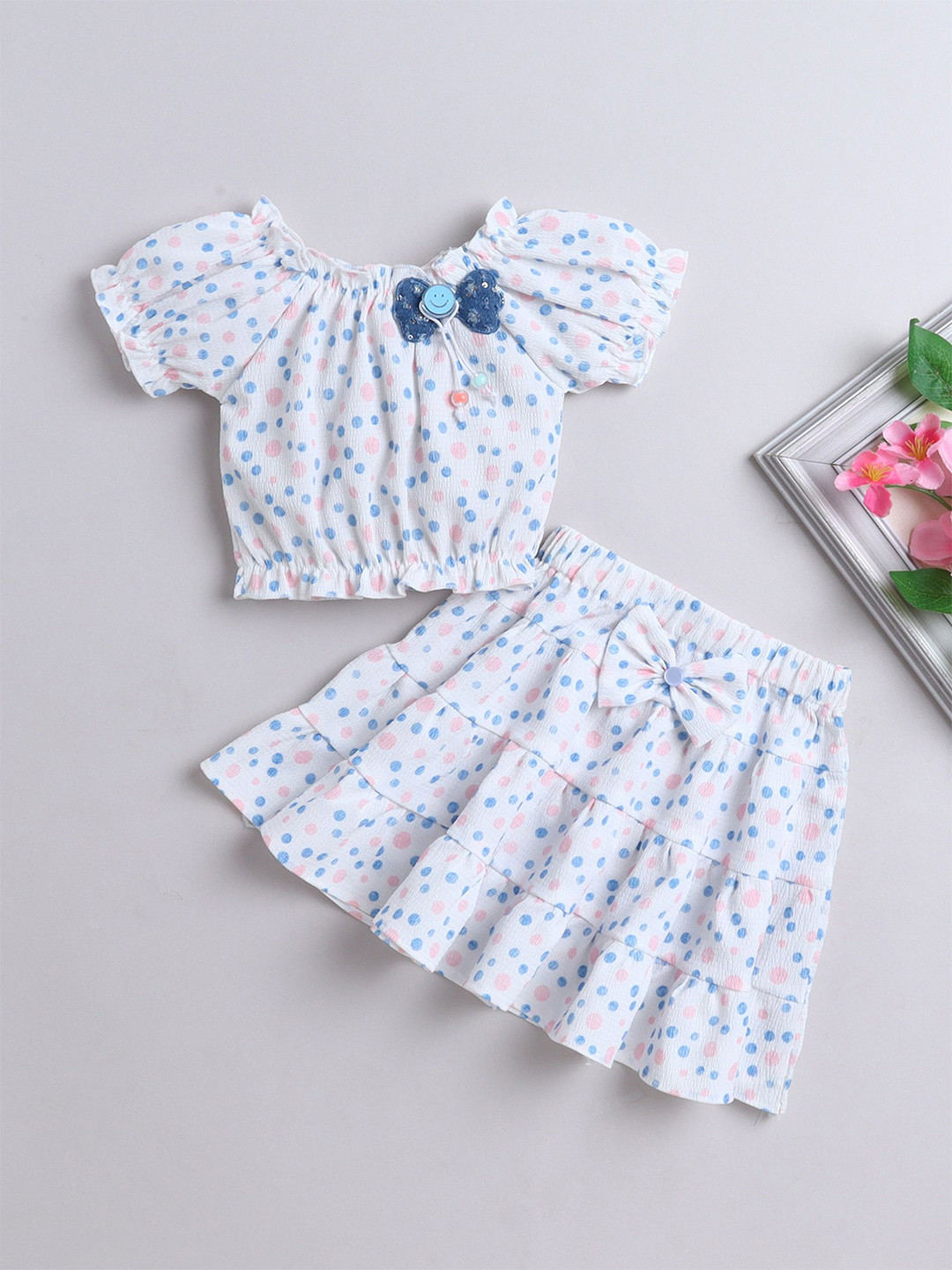 The Magic Wand Girls Printed Short Sleeves Top With Skirt