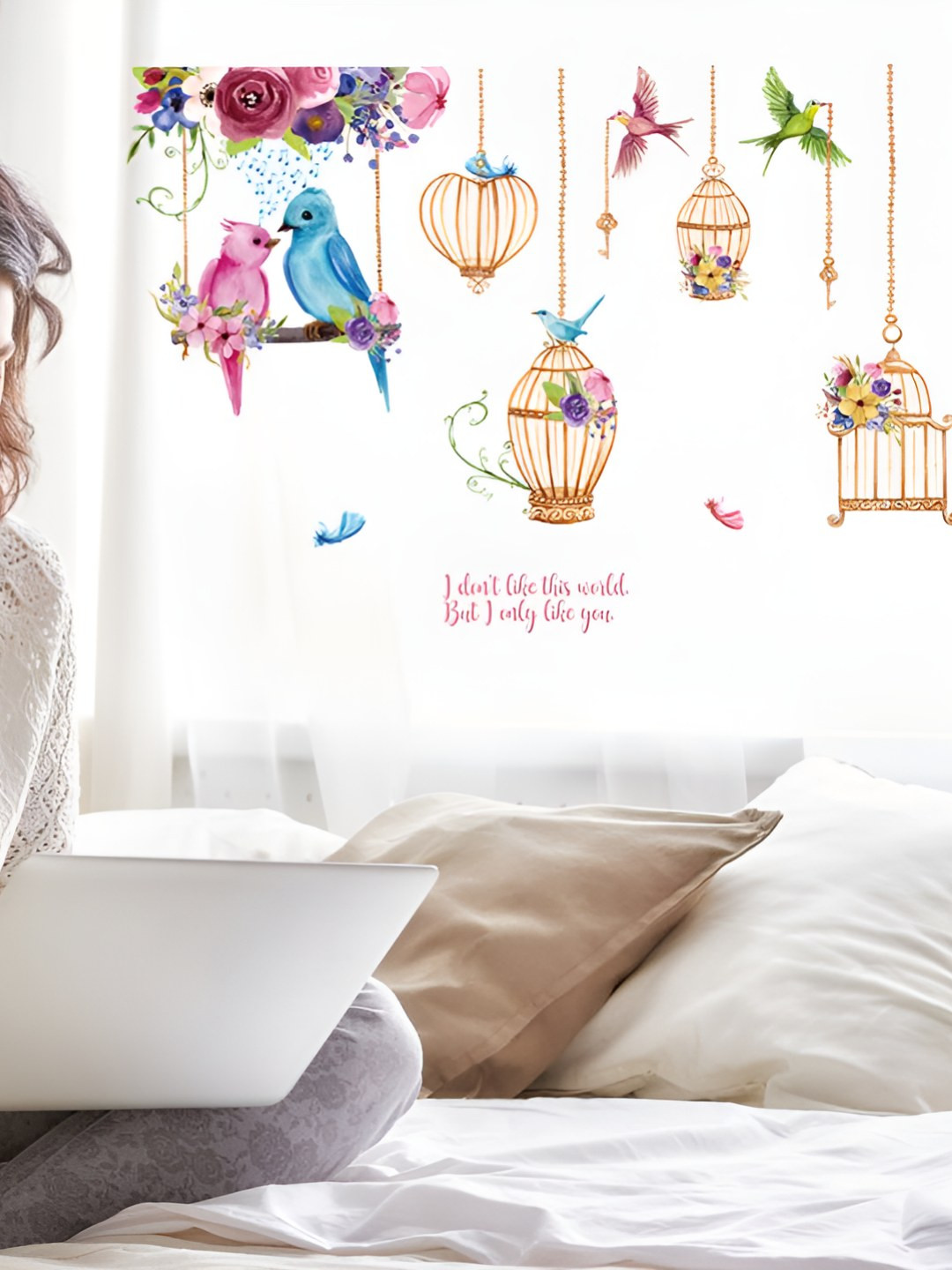 INDIAN ROYALS Blue & Pink Birds Printed Self-Adhesive & Durable Wall Sticker