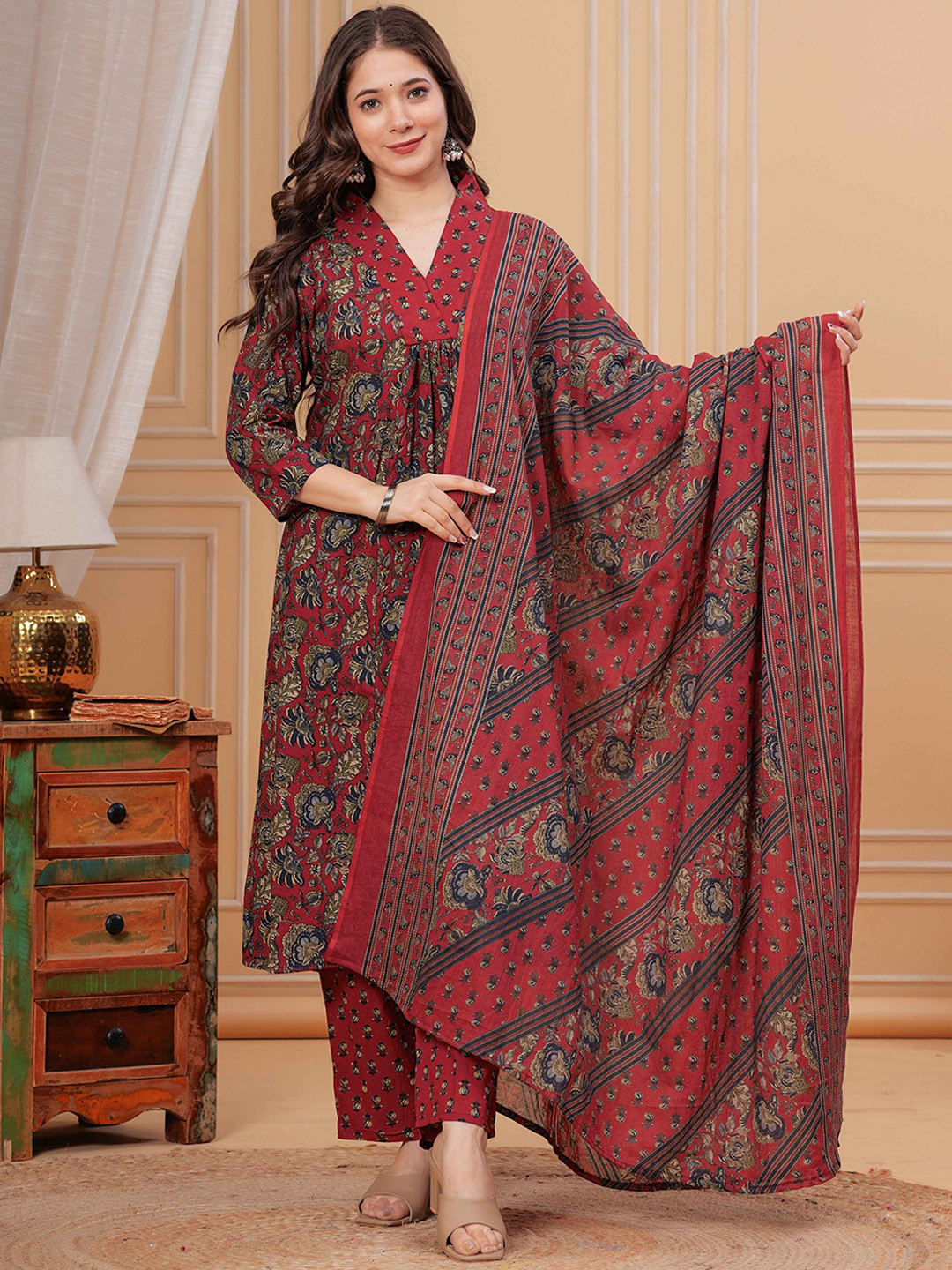 Rangnavi Floral Printed V-Neck Pleated Pure Cotton A-Line Kurta With Trouser And Dupatta