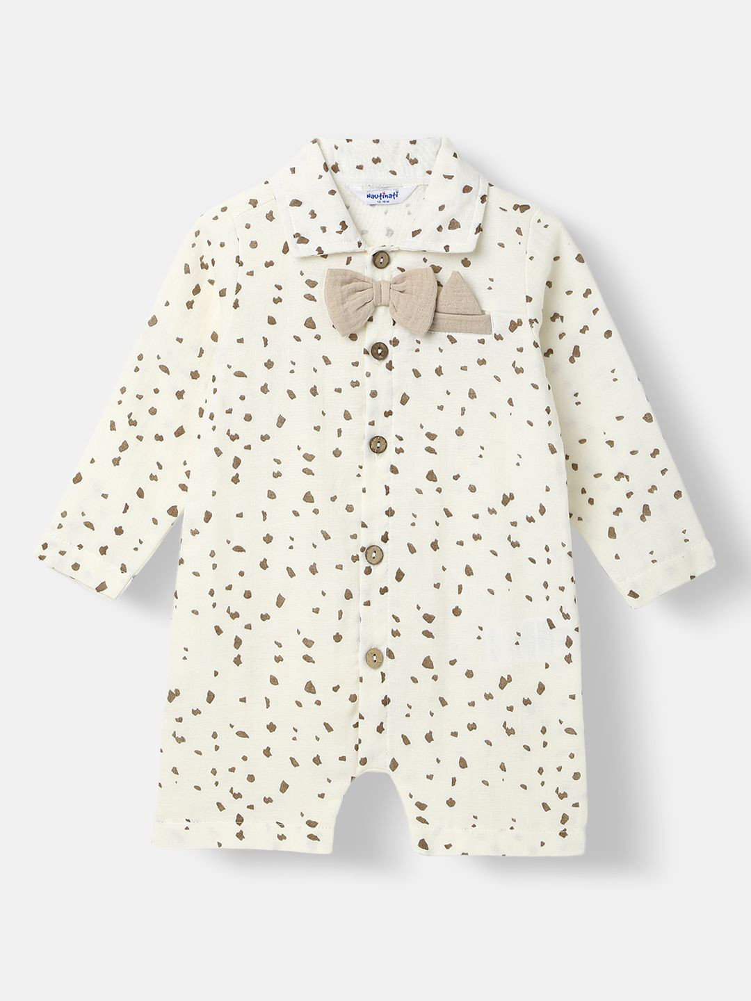 Nauti Nati Infant Boys Printed Romper Bow At Placket Collar Neck Romper For 0-2 Years