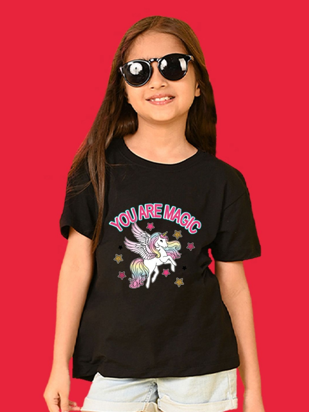 NUSYL Girls You Are Magic Printed Round Neck Short Sleeves Oversized T-shirt