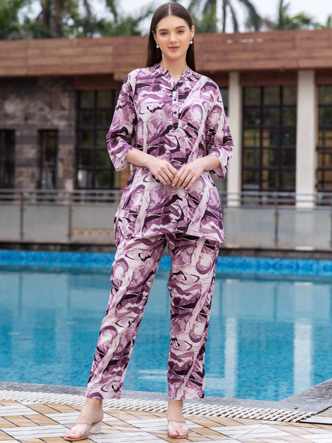 TITTLI Pretty Printed Relaxed Fit Mandarin Collar Tunic With Trousers Co-Ords