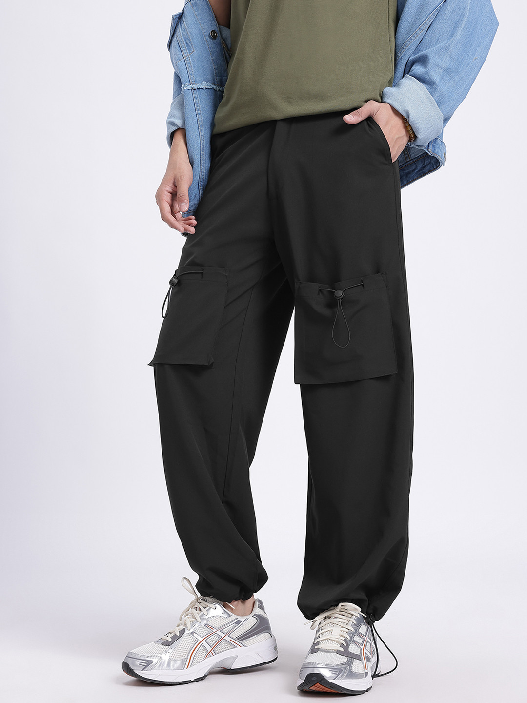 Boho Baggy Mid-Rise Cargo Style Trousers with Toggle Hem
