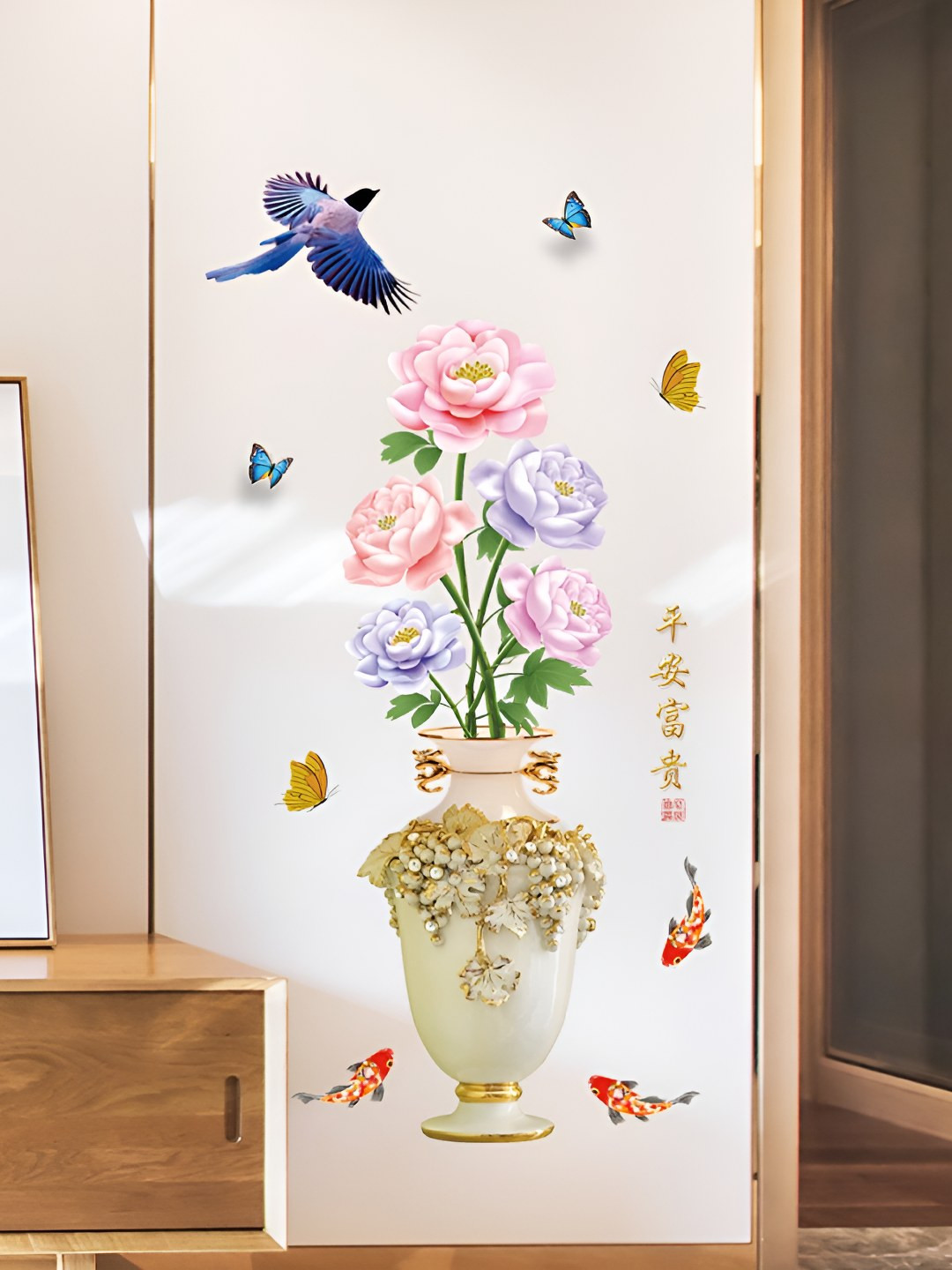 INDIAN ROYALS Pink & Purple Vase Design Self Adhesive Wall Sticker