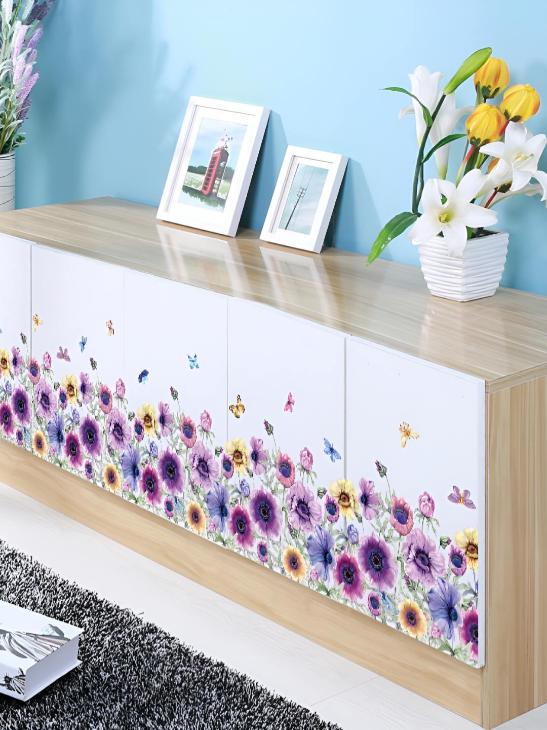 INDIAN ROYALS Purple & Yellow Flower Printed Waterproof Wall Stickers