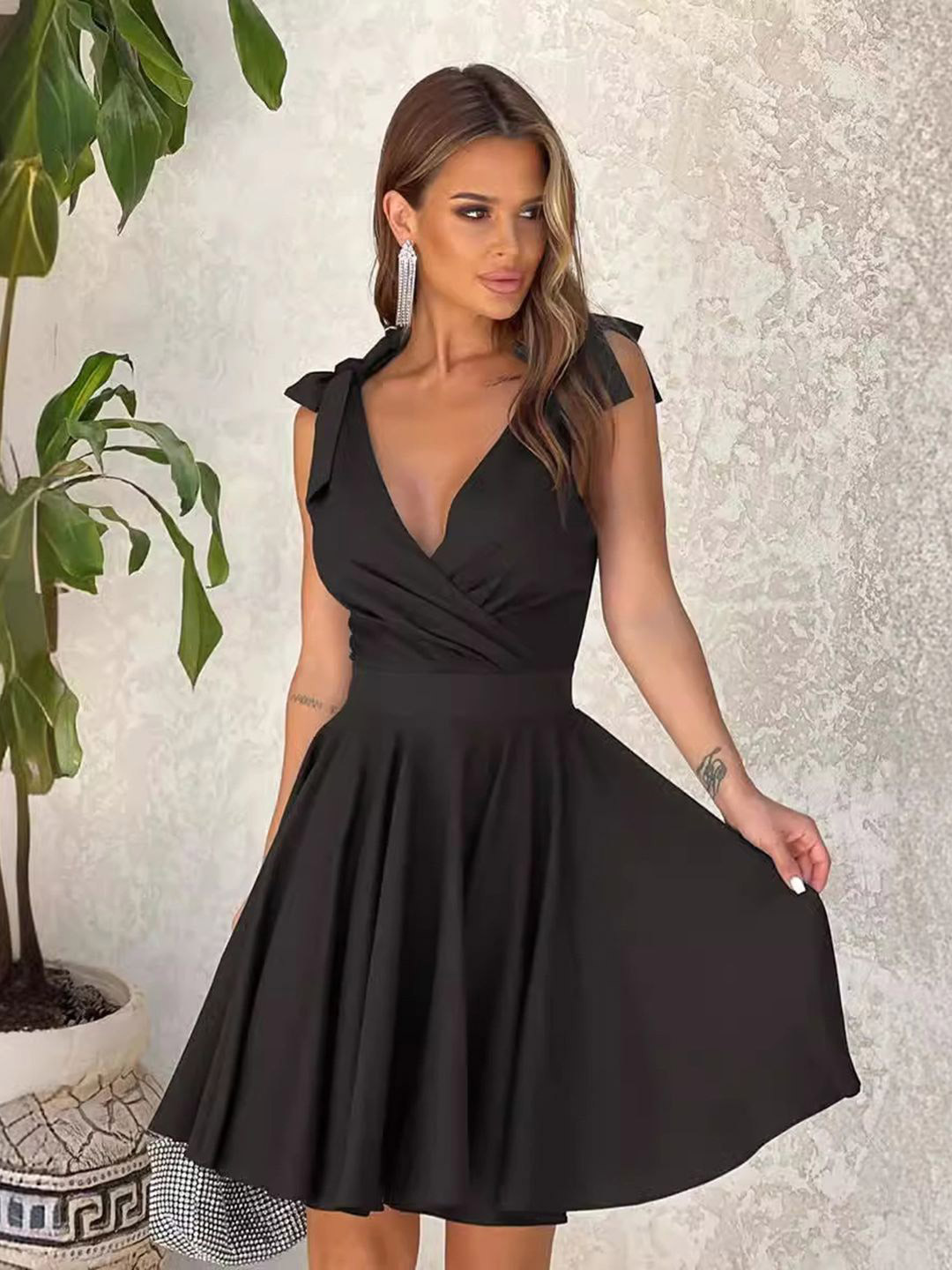 bebe Black Wrap Style V-Neck Tie Shoulder Fit & Flare Mini Dress