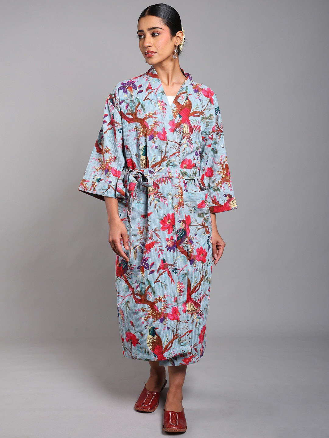 Exotic India Cotton Robe With Printed Tree Branch & Front Pockets Robe