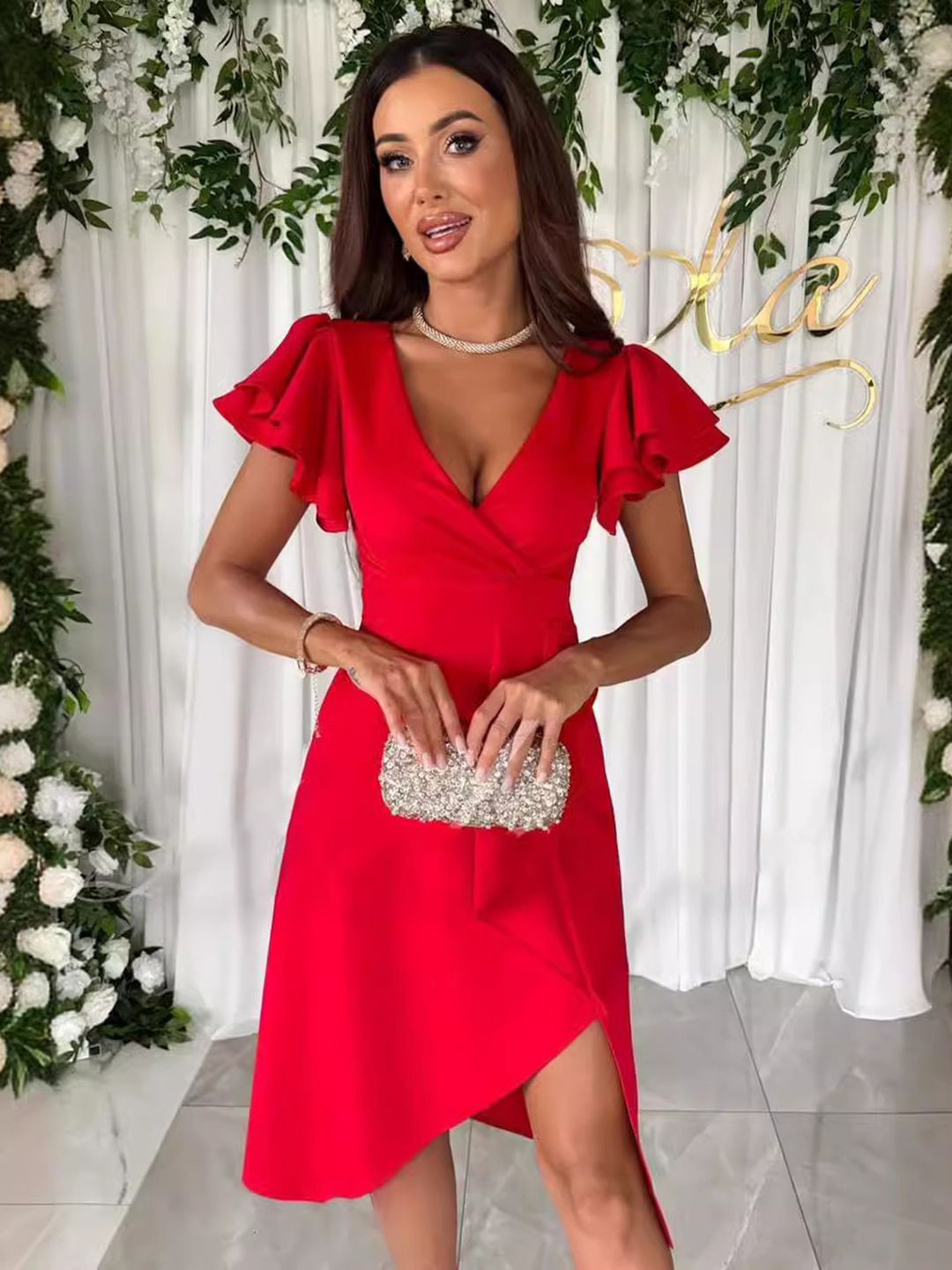 Mast & Harbour Women Solid Wrap Flutter Sleeve Above Knee Dress