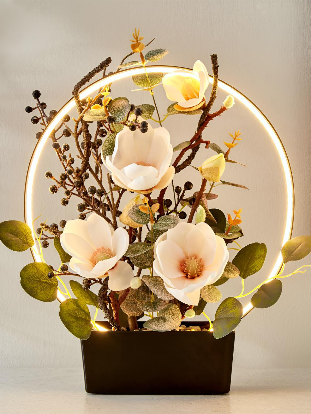 Home Centre White & Green Magnolia Artificial Plant With Pot & LED