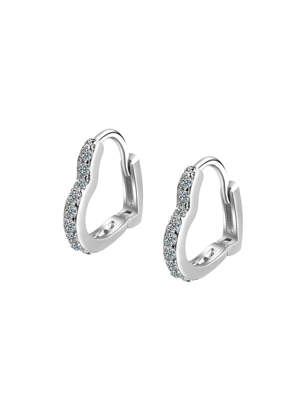 Bling Queen Silver-Plated Cubic Zirconia Studded Heart Shaped Hoop Earrings