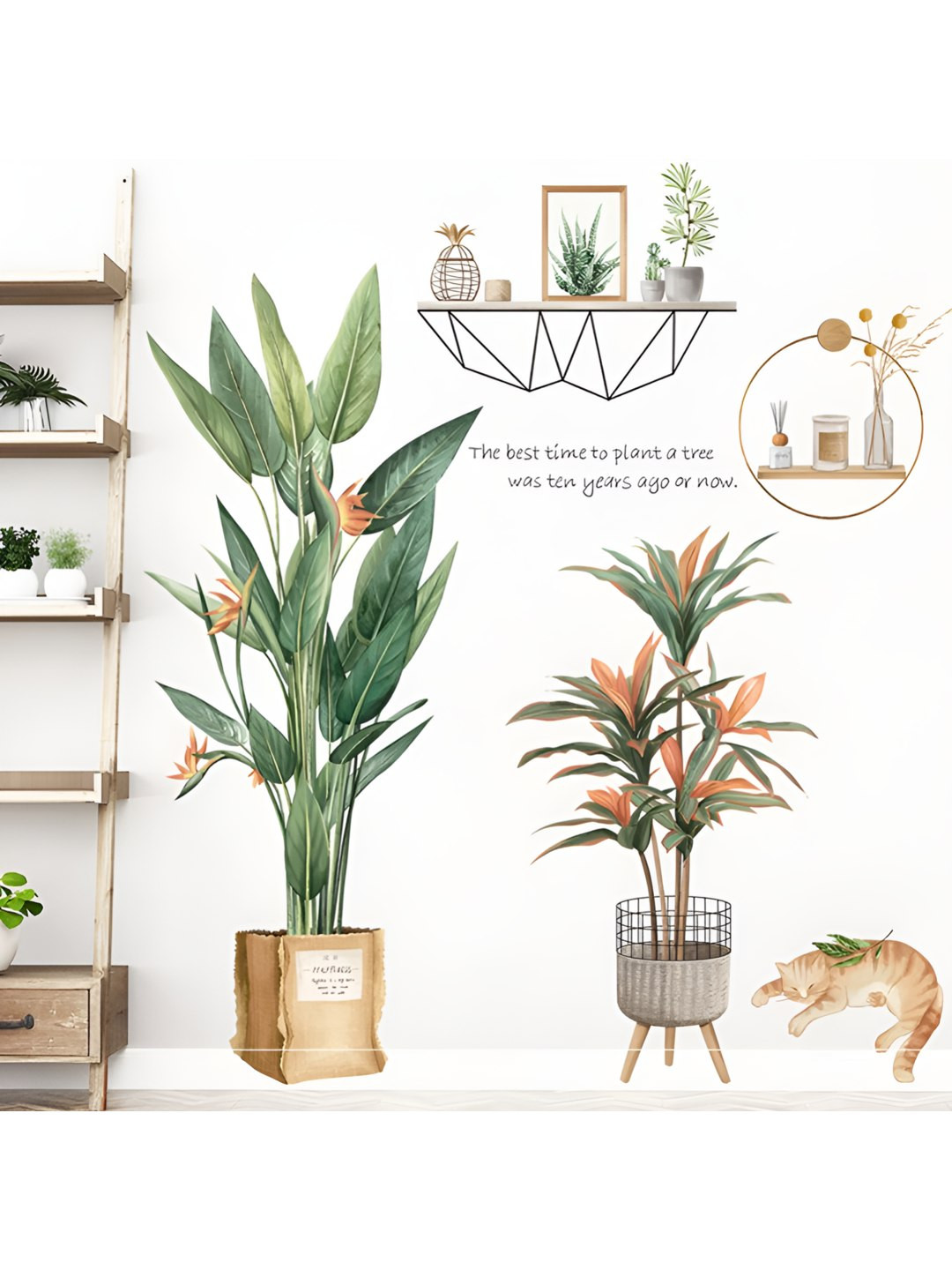 INDIAN ROYALS Green & Black Plants Style Printed Self-Adhesive & Durable Wall Sticker