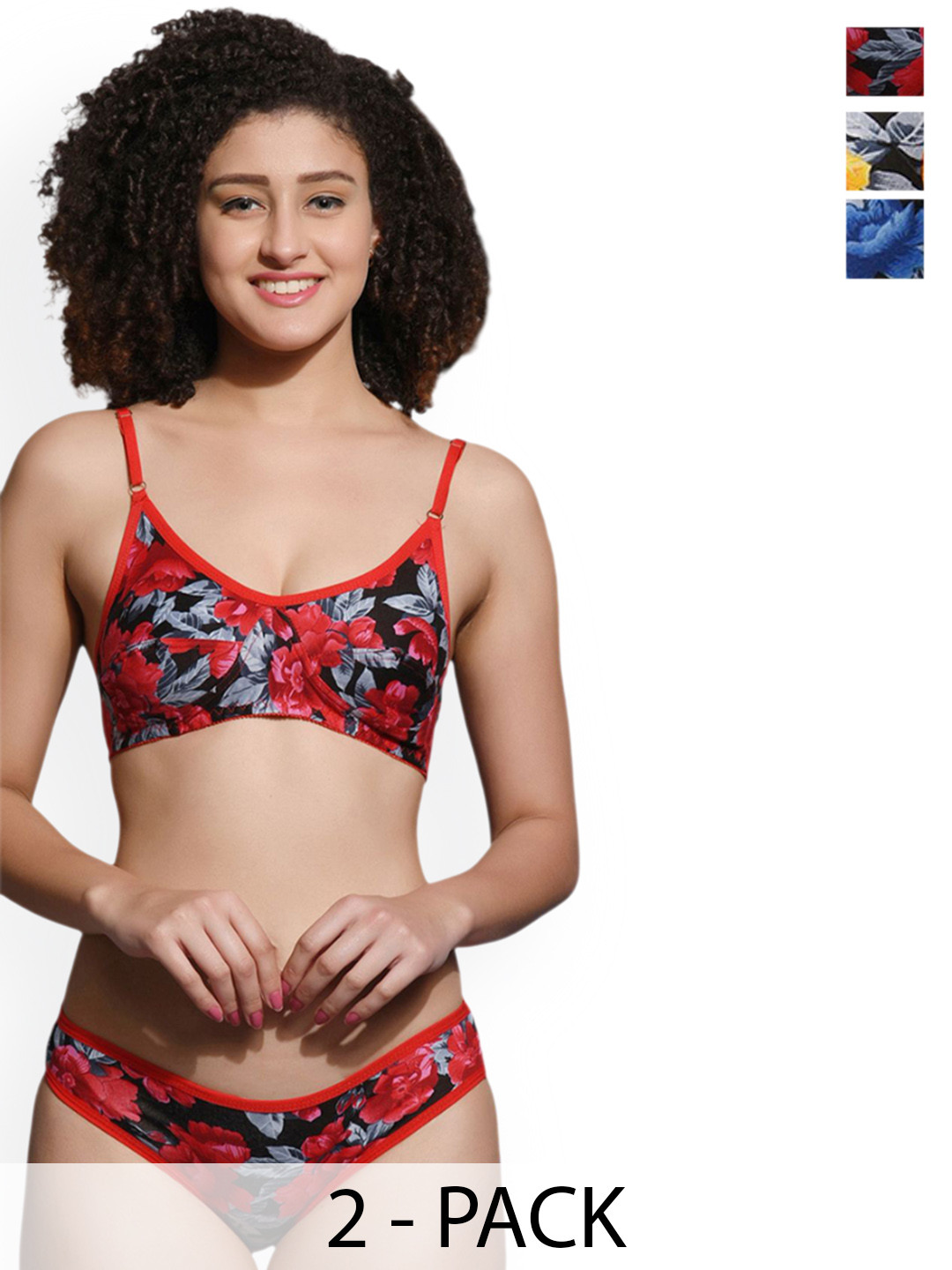 Love Maker Pack Of 3 Printed Non-Wired Non Padded Lingerie Set LVM-333-RED-ORG-BLU-30B