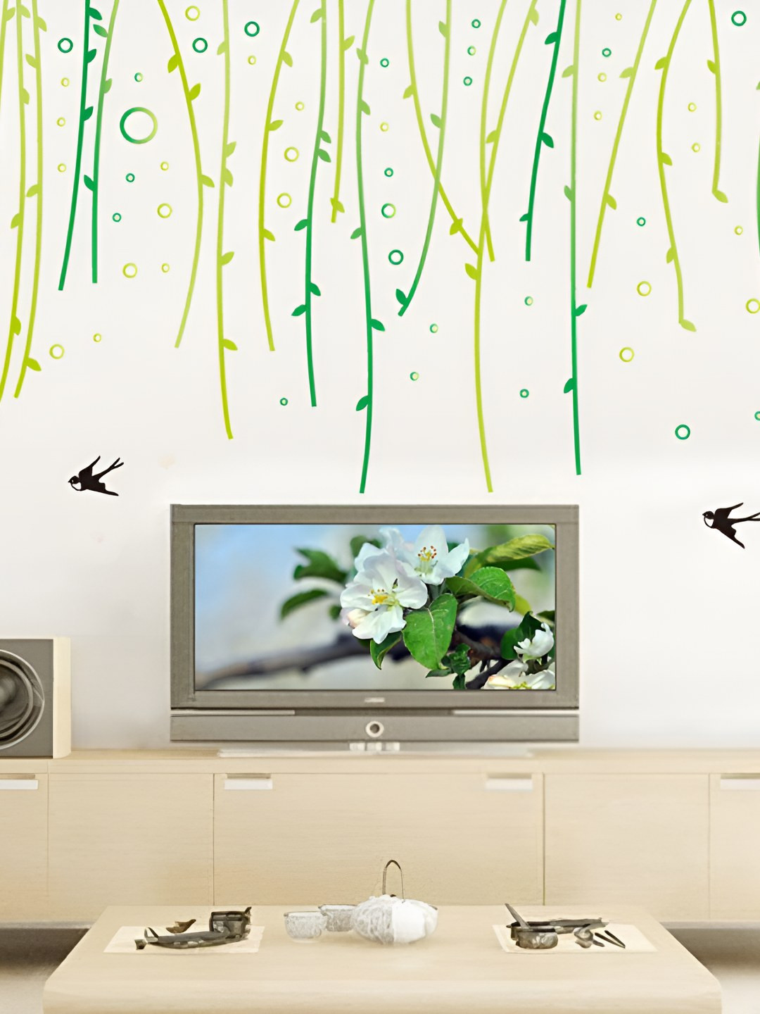 INDIAN ROYALS Green & Black Long Vine With Birds PVC Vinyl Wall Sticker
