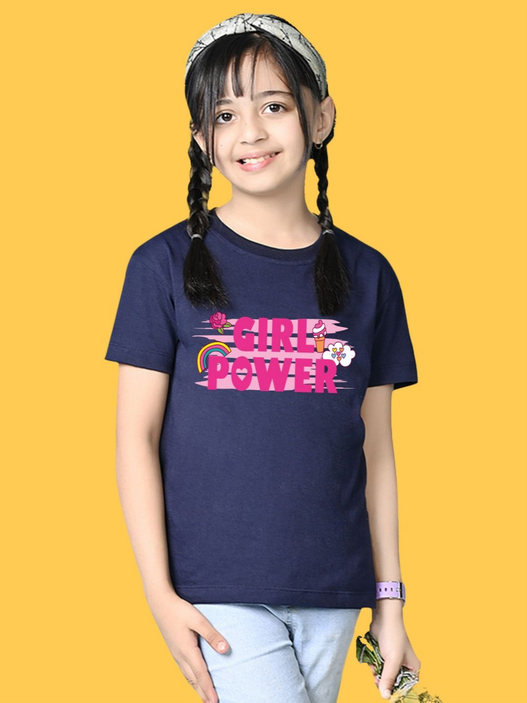 NUSYL Girls Flower & Girl Printed Round Neck Short Sleeves Oversized T-shirt