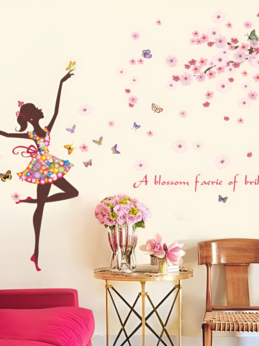 INDIAN ROYALS Pink & Yellow Printed Fairy Flower Kids Room Waterproof Wall Sticker