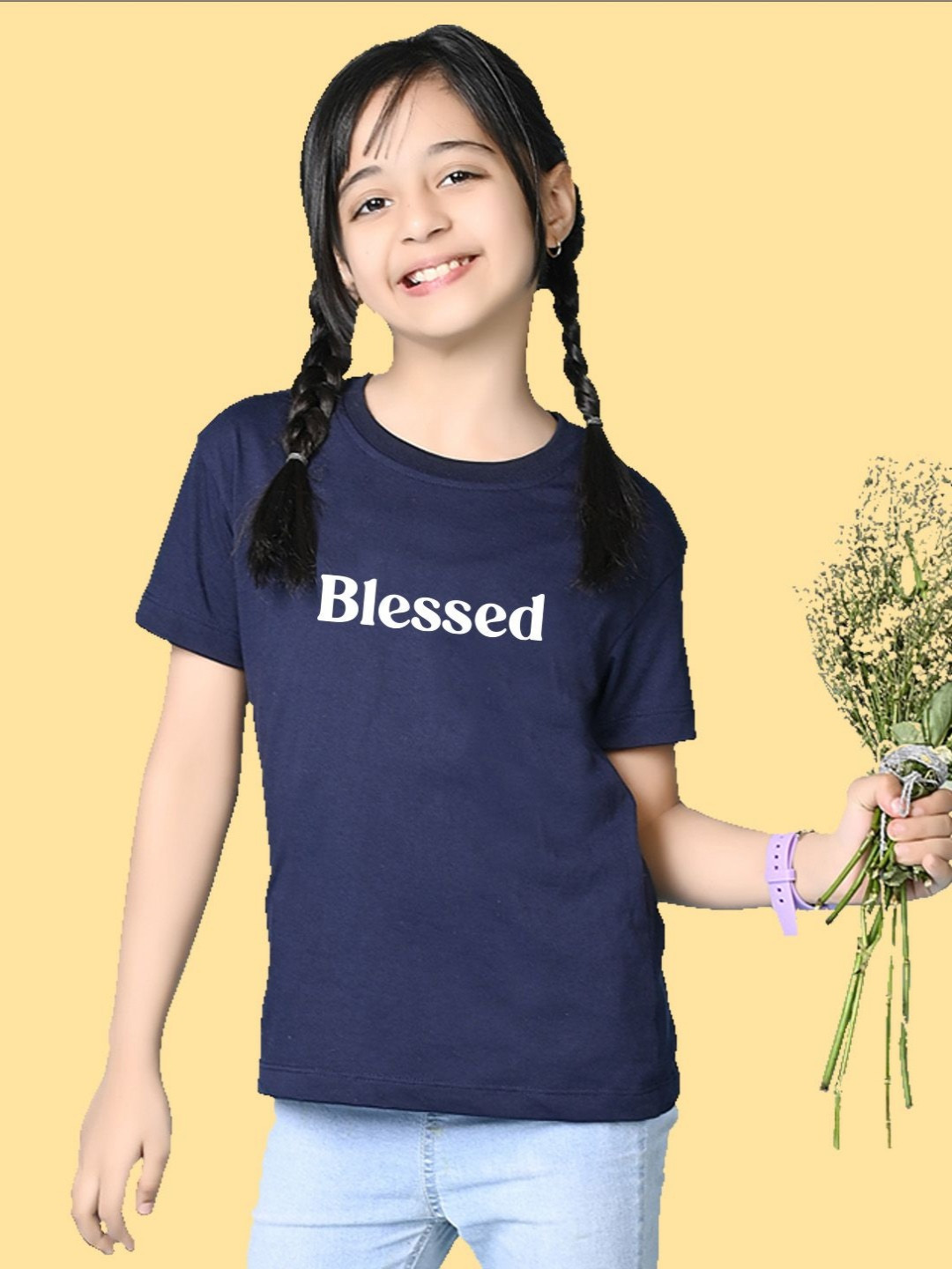 NUSYL Girls Blessed Printed Round Neck Short Sleeves Oversized T-shirt