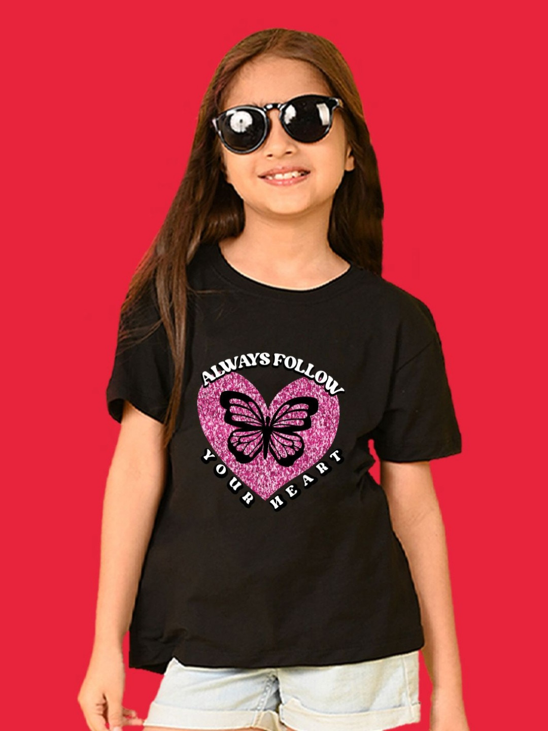 NUSYL Girls Always Follow Your Heart Printed Round Neck Short Sleeves Oversized T-shirt