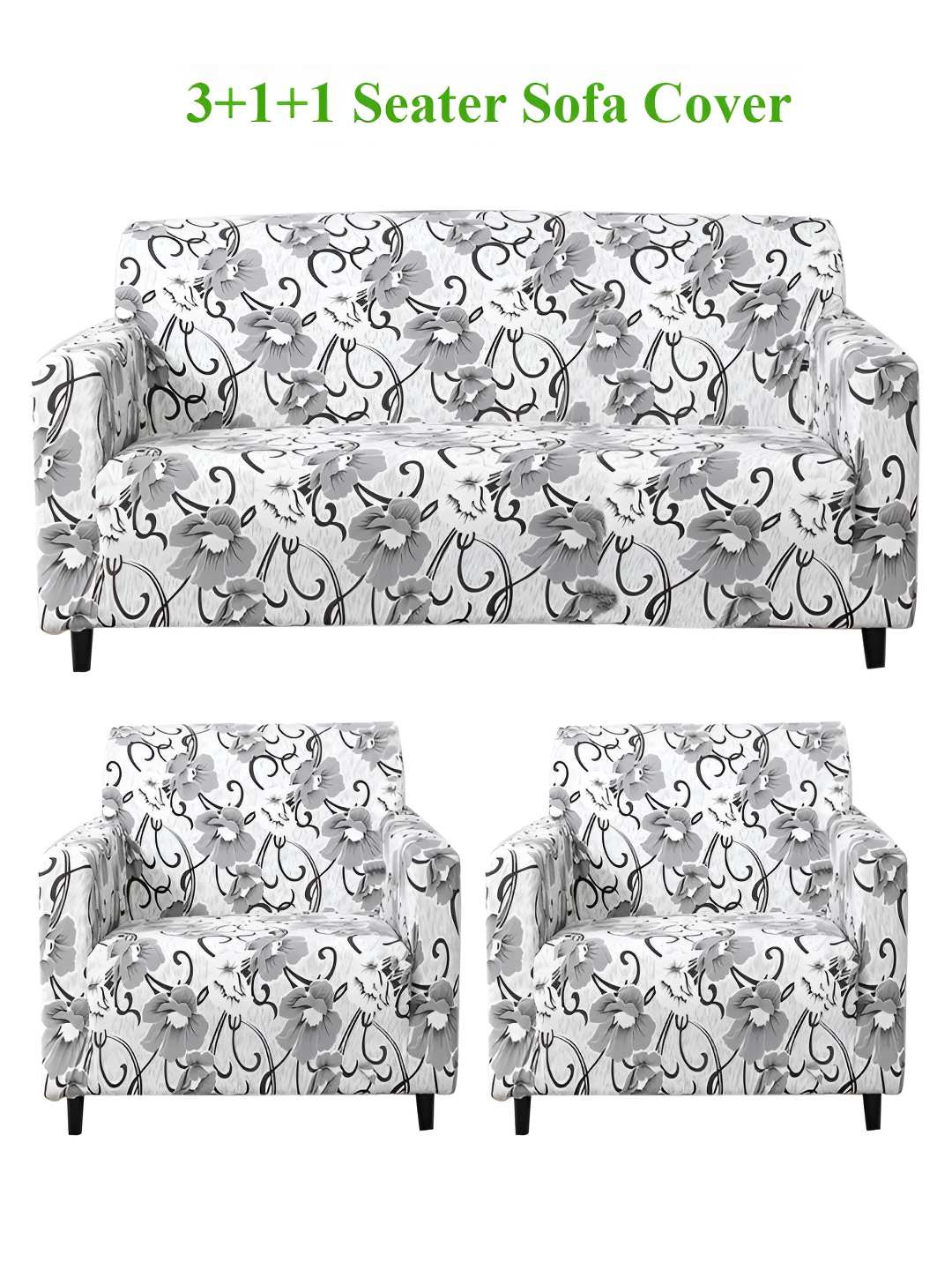 HOKIPO White Grey Flowers Print 5 Seater Fully Covered Stretchable Sofa Cover