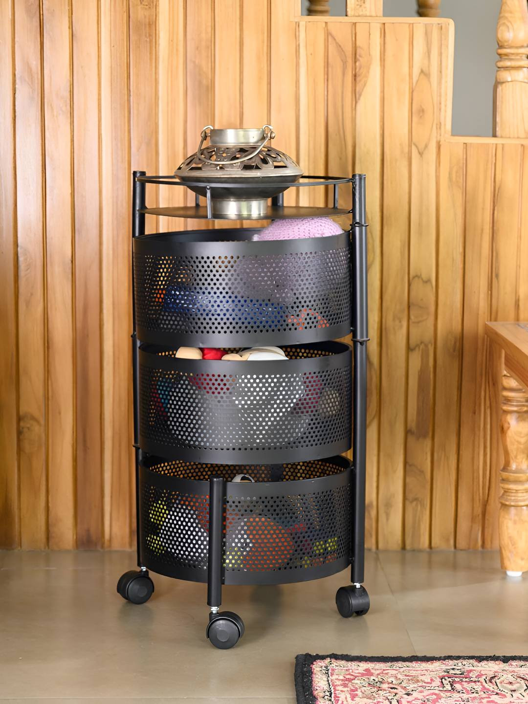 TEX-RO Black 3 Layer Metal Round Kitchen Trolley With Wheels