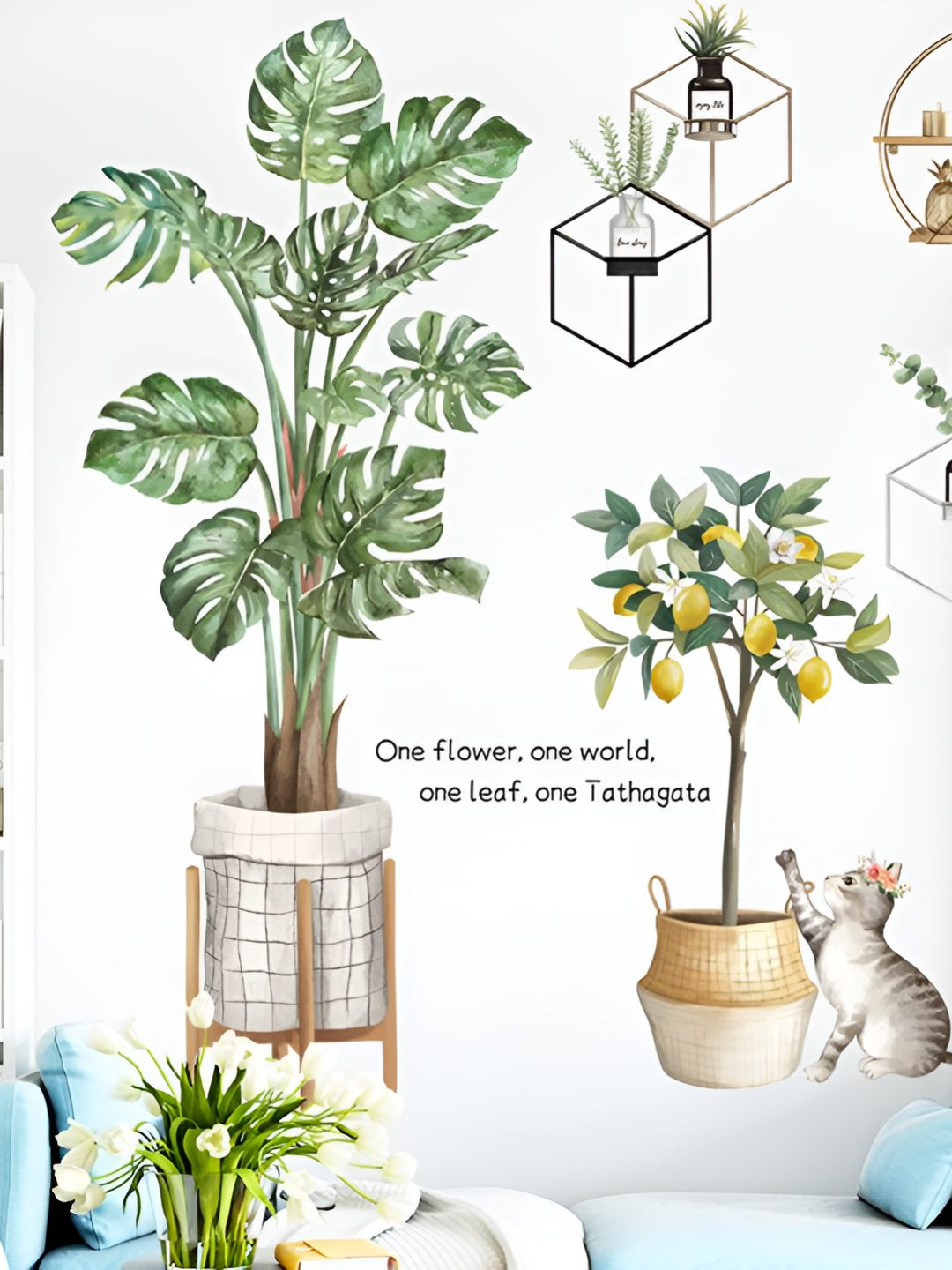 INDIAN ROYALS Green & Grey Green Leaves With Tropical Potted Plant  Printed Self-Adhesive