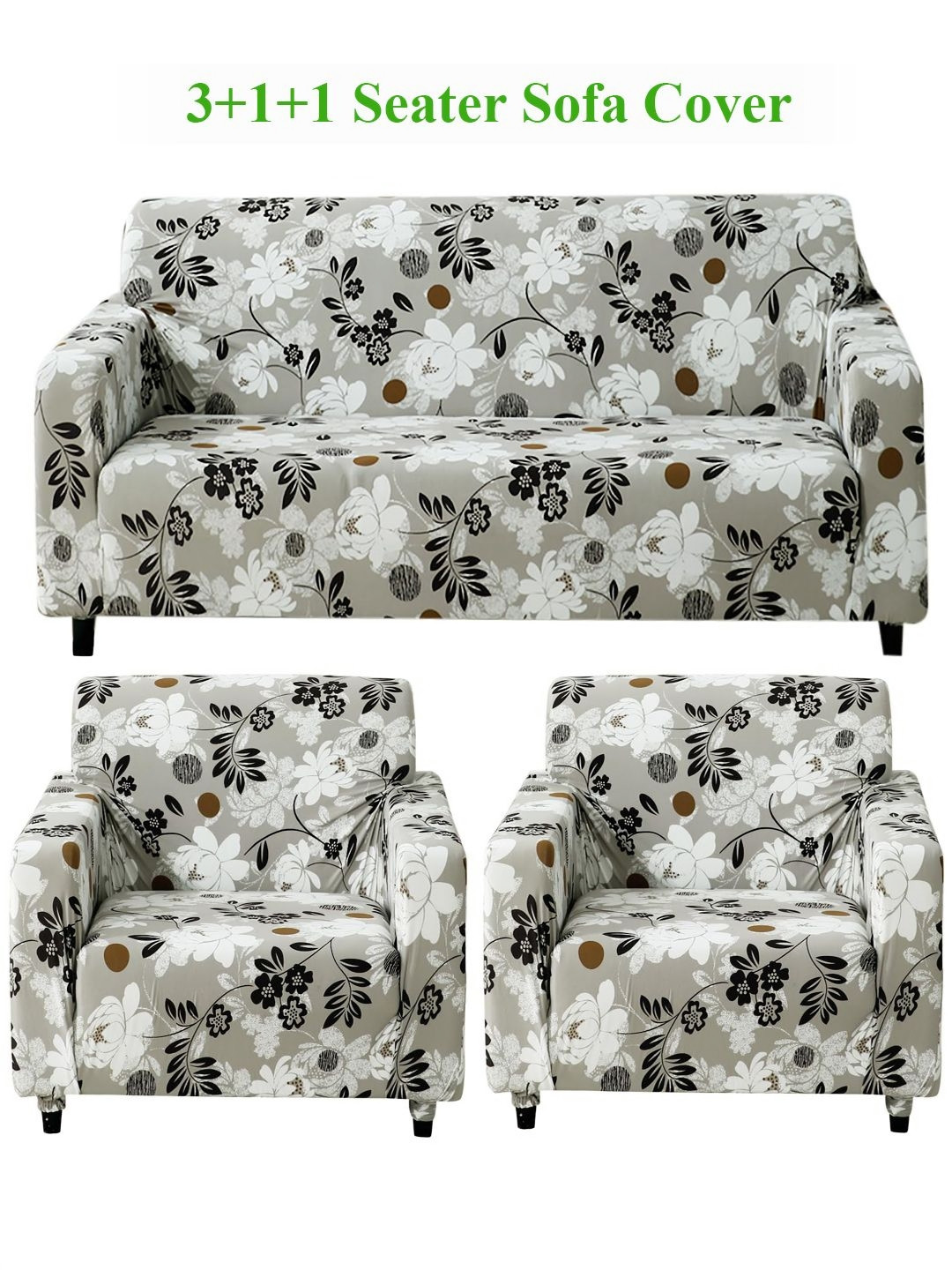 HOKIPO Feather Brown Floral Print 5 Seater Fully Covered Sofa Cover