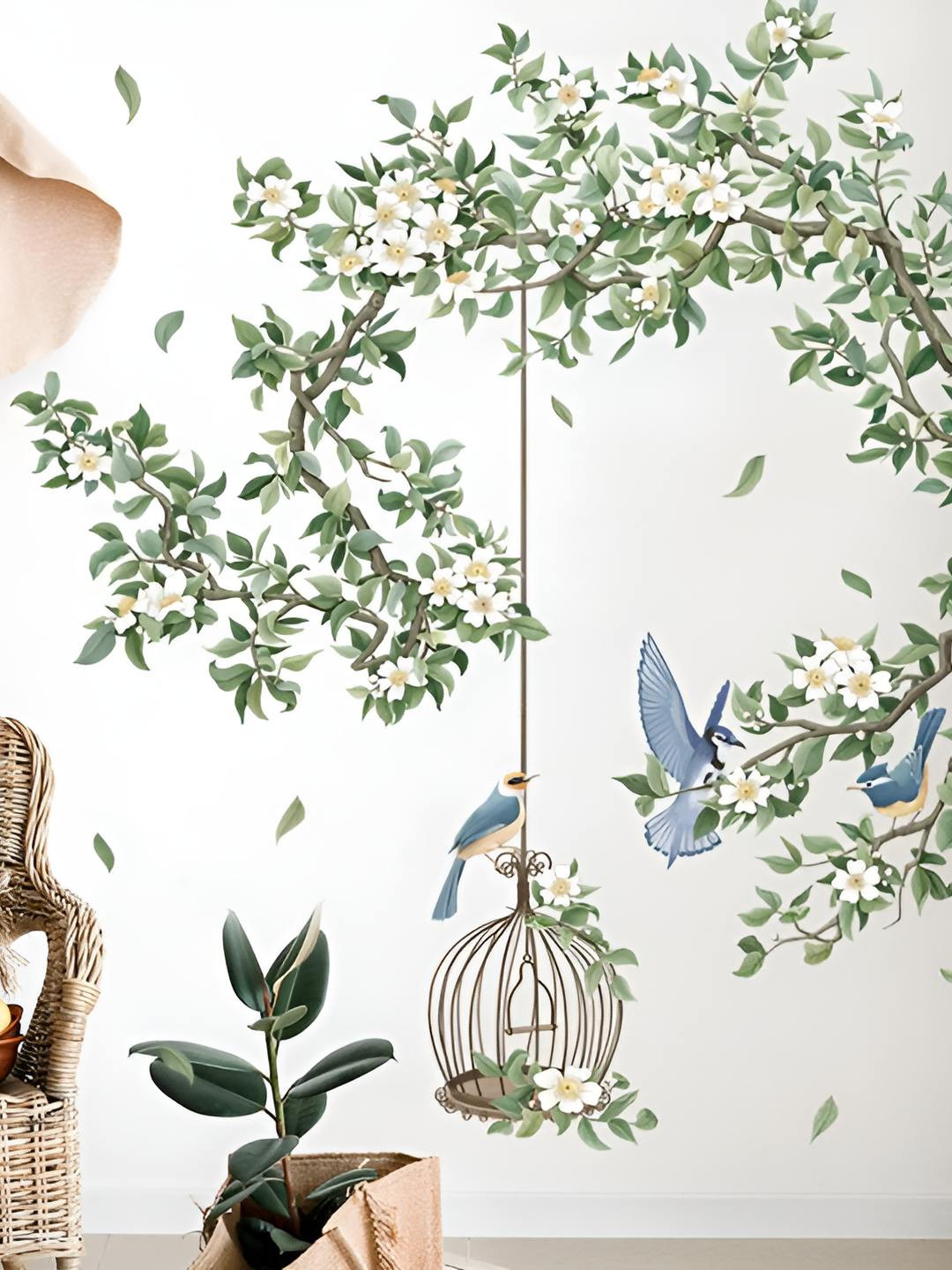 INDIAN ROYALS 2Pcs White & Green Tree Wall Decal Yucca Flower Printed Waterproof Wallpaper