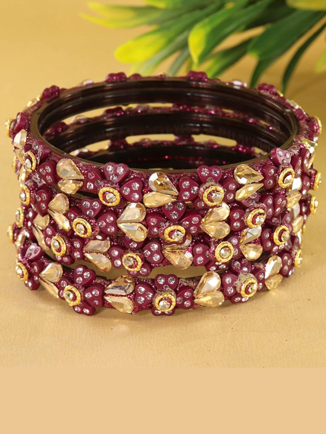 ZULKA Set Of 4 Zircon Gemstones & Kundan Beads Bangles