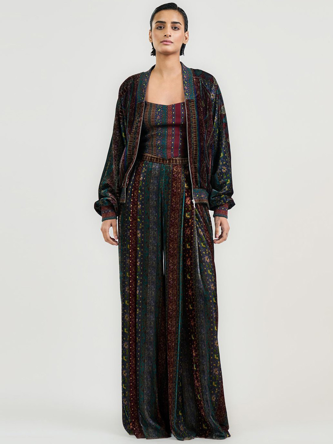 OTT Tarun Tahiliani Floral Printed Longline Velvet Bomber Jacket