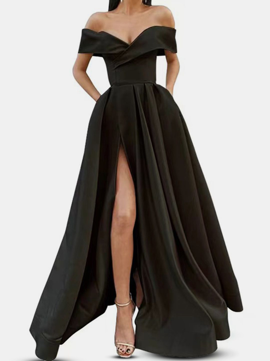 bebe Black Off Shoulder Sweetheart Neck High Slit Maxi Gown Dress