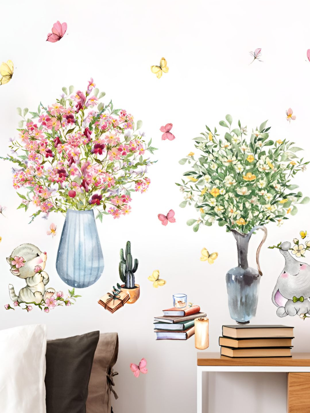 INDIAN ROYALS Green & Pink Small Flower Vase Self Adhesive Wall Sticker