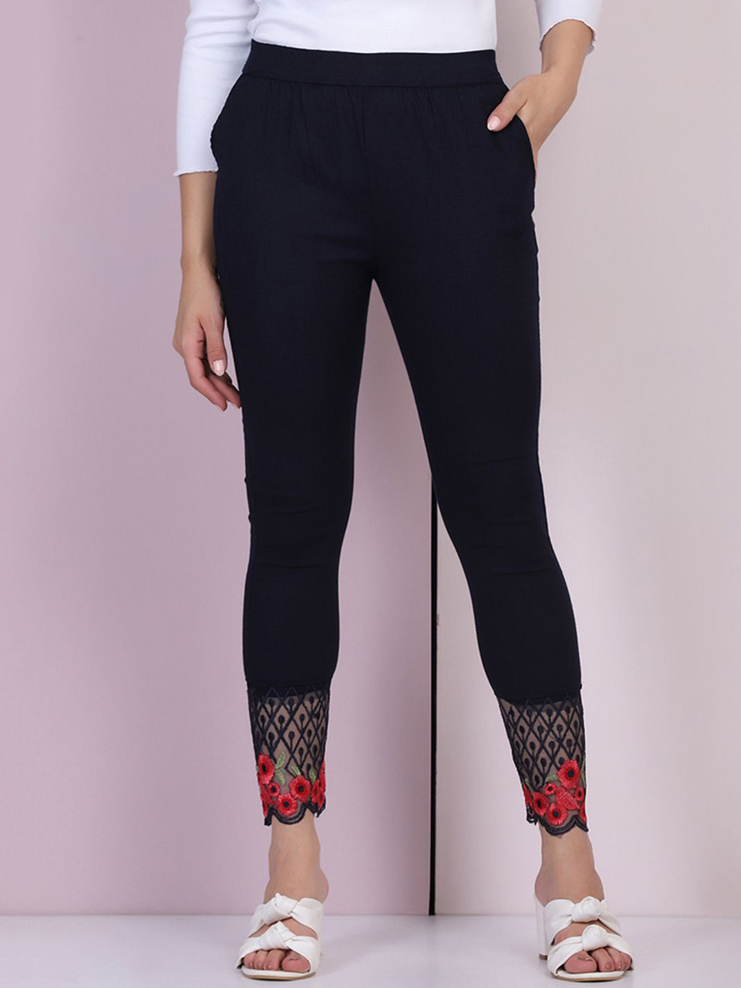 BUY NEW TRENDWomen Black Slim Fit Self Design Cigarette Trousers
