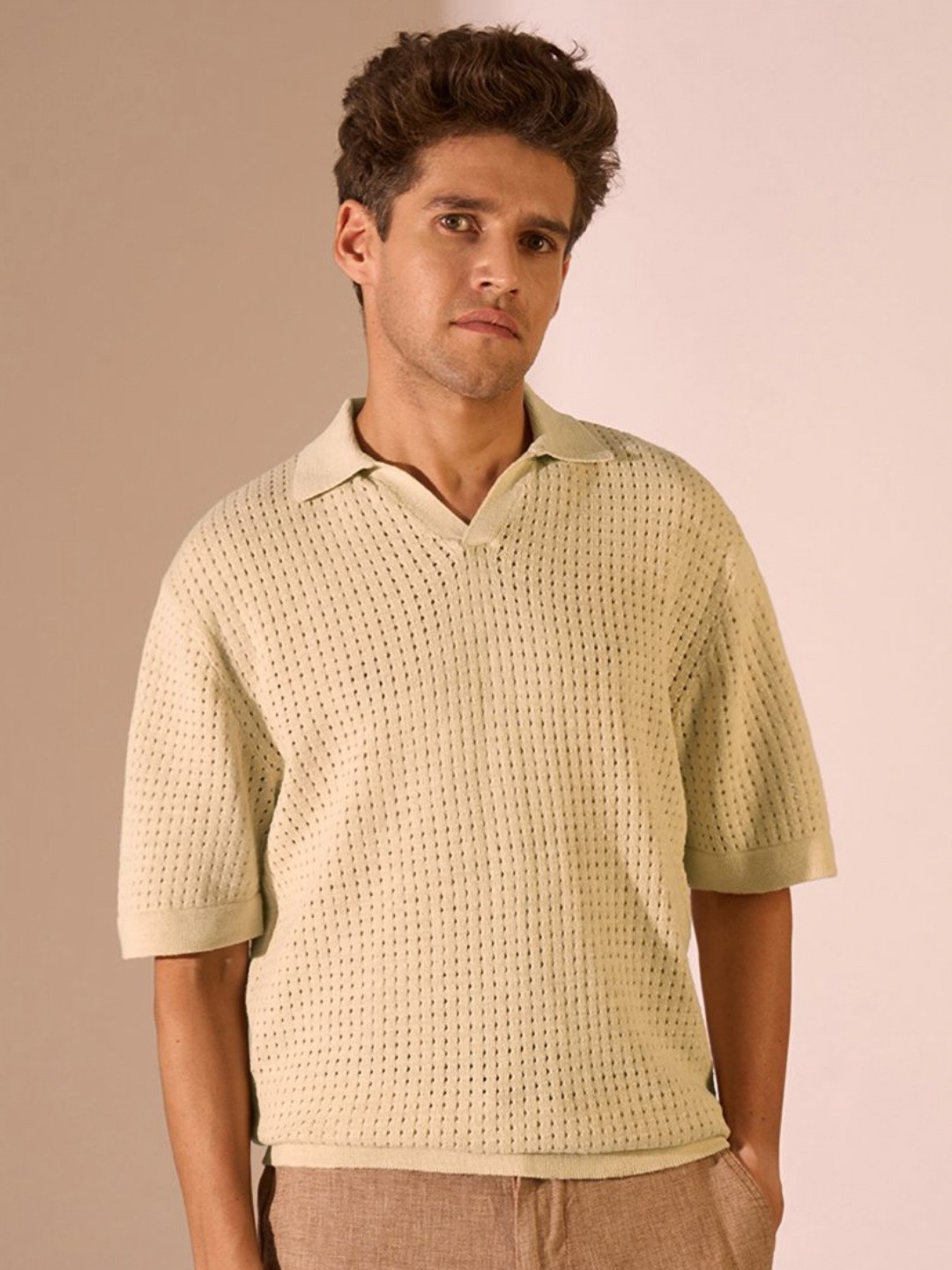 SELECTED Crochet Polo Collar Print Organic Cotton Regular Fit T-Shirt