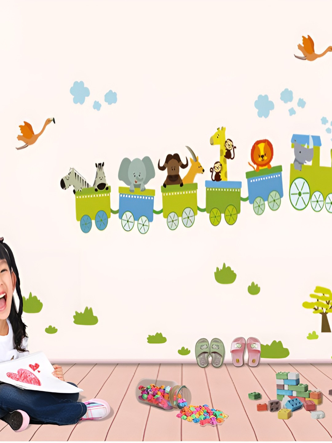 INDIAN ROYALS Green & Blue Train Cute Animals Printed Waterproof Wallpaper