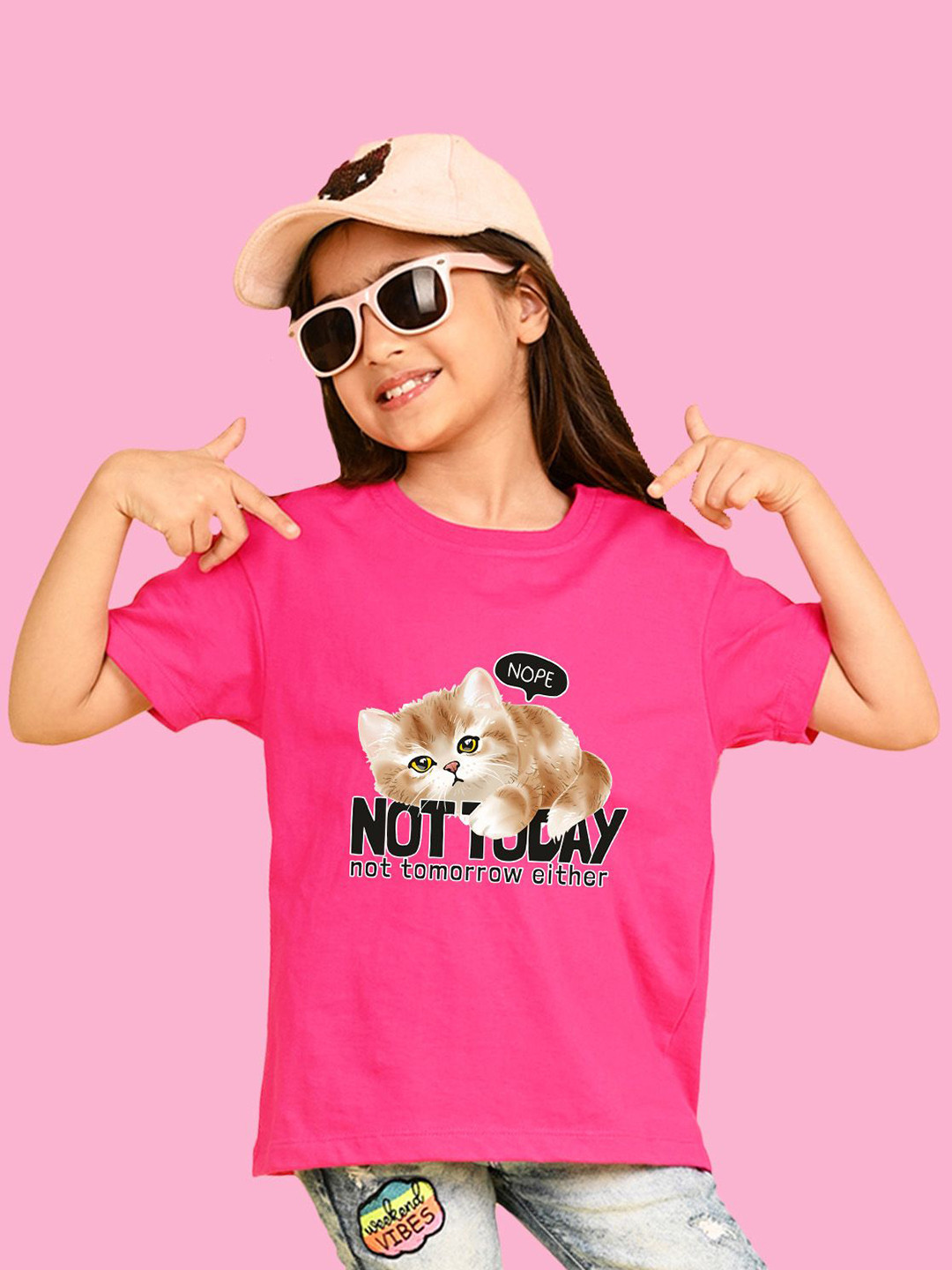 NUSYL Girls Cat & Not Printed Round Neck Short Sleeves Oversized T-shirt