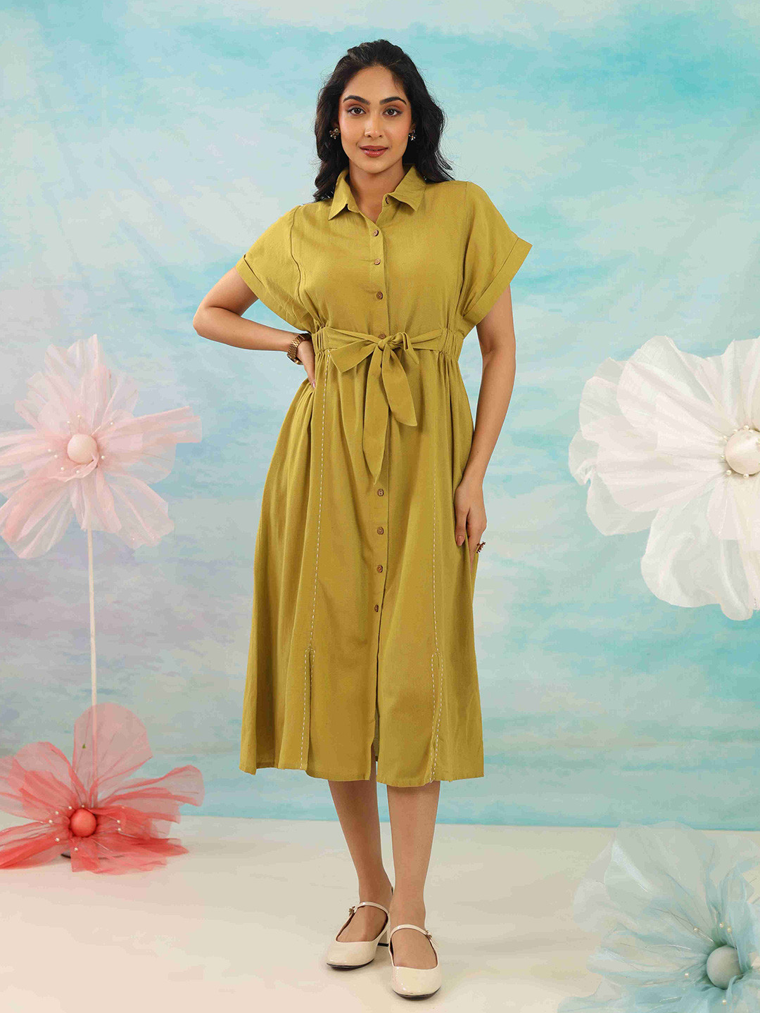 MISRI Women Shirt Collar Extended Sleeves Shirt Midi Dress With Tie-Ups