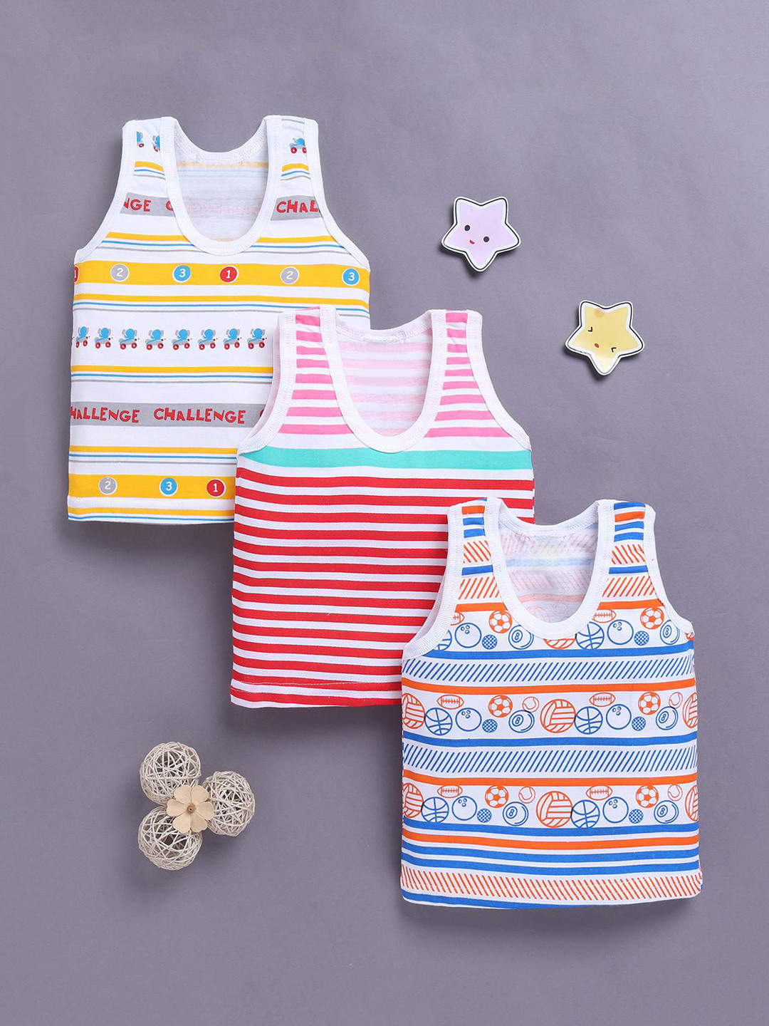 Unfab Infants Boys Assorted Pack Of 3 Printed Pure Cotton Basic Vests R-W62-BOYS-VEST