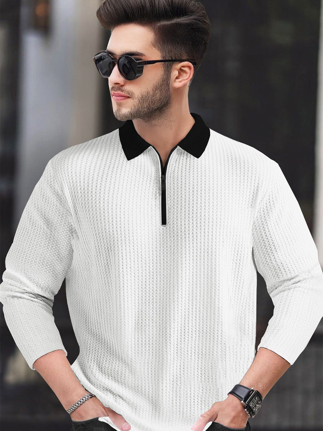 TRIPR Men Self Design Polo Collar T-shirt